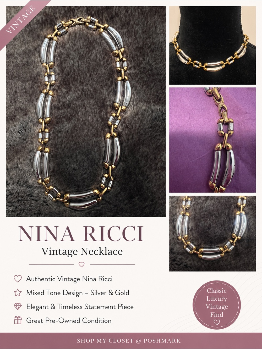 Nina Ricci Silver & 22k Gold plated Vintage Statement Necklace in EUC